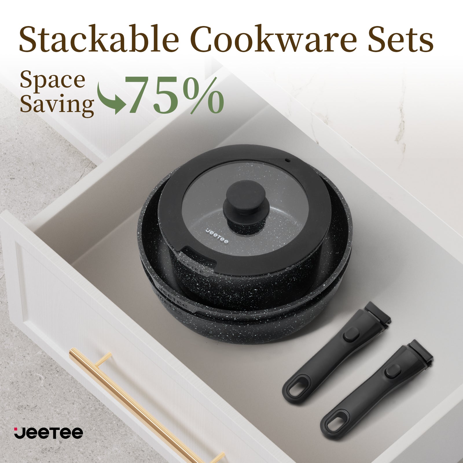 JEETEE Pots and Pans Set Non Stick 17pcs, Cookware Set with Removable Handle