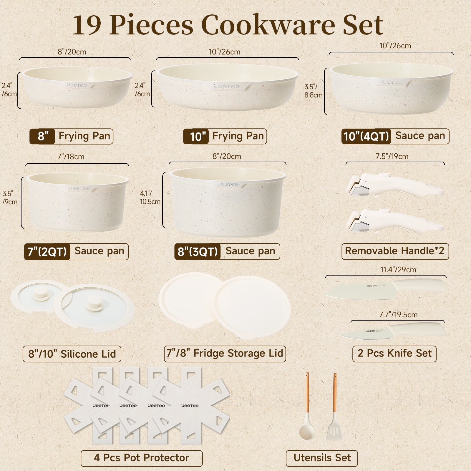JEETEE Pots and Pans Set Non Stick 17pcs, Cookware Set with Removable Handle