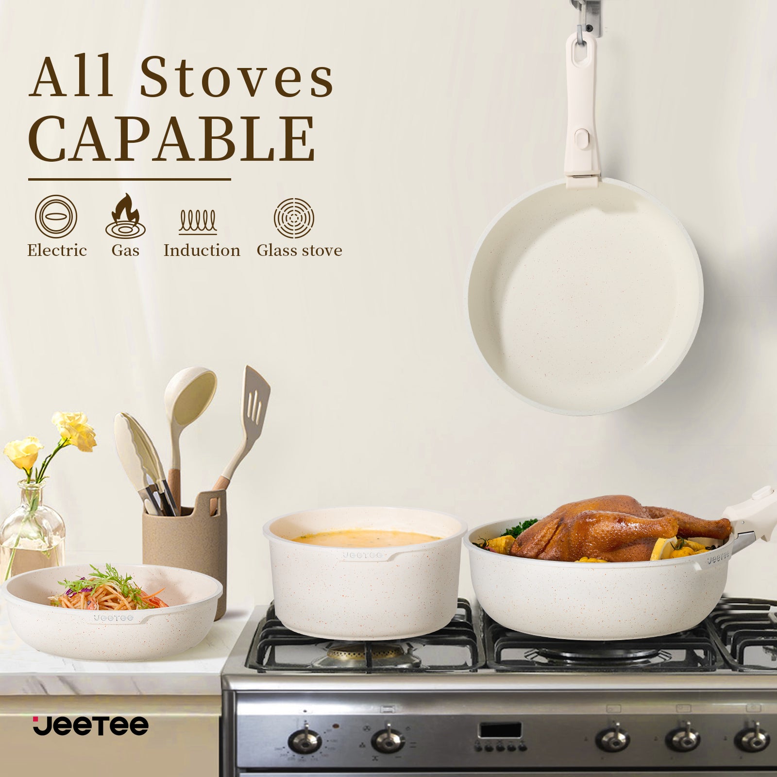 JEETEE Pots and Pans Set Non Stick 17pcs, Cookware Set with Removable Handle