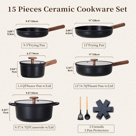 JEETEE Ceramic Cookware Set, Pots and Pans Set Nonstick with Rotation Removable Handles