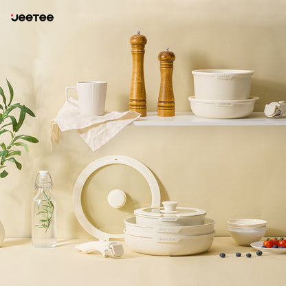 Juego de ollas y sartenes antiadherentes JEETEE de 17 piezas, set de batería de cocina con mango extraíble