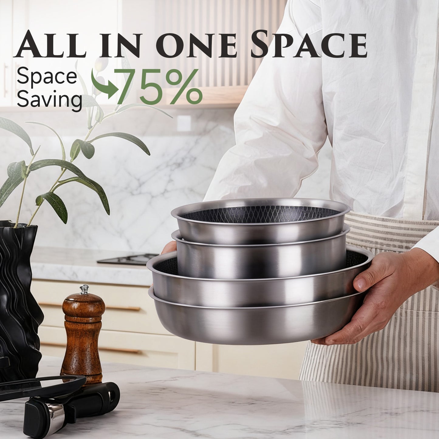 Juego de batería de cocina híbrida de acero inoxidable Jeetee de 18 piezas con mango desmontable