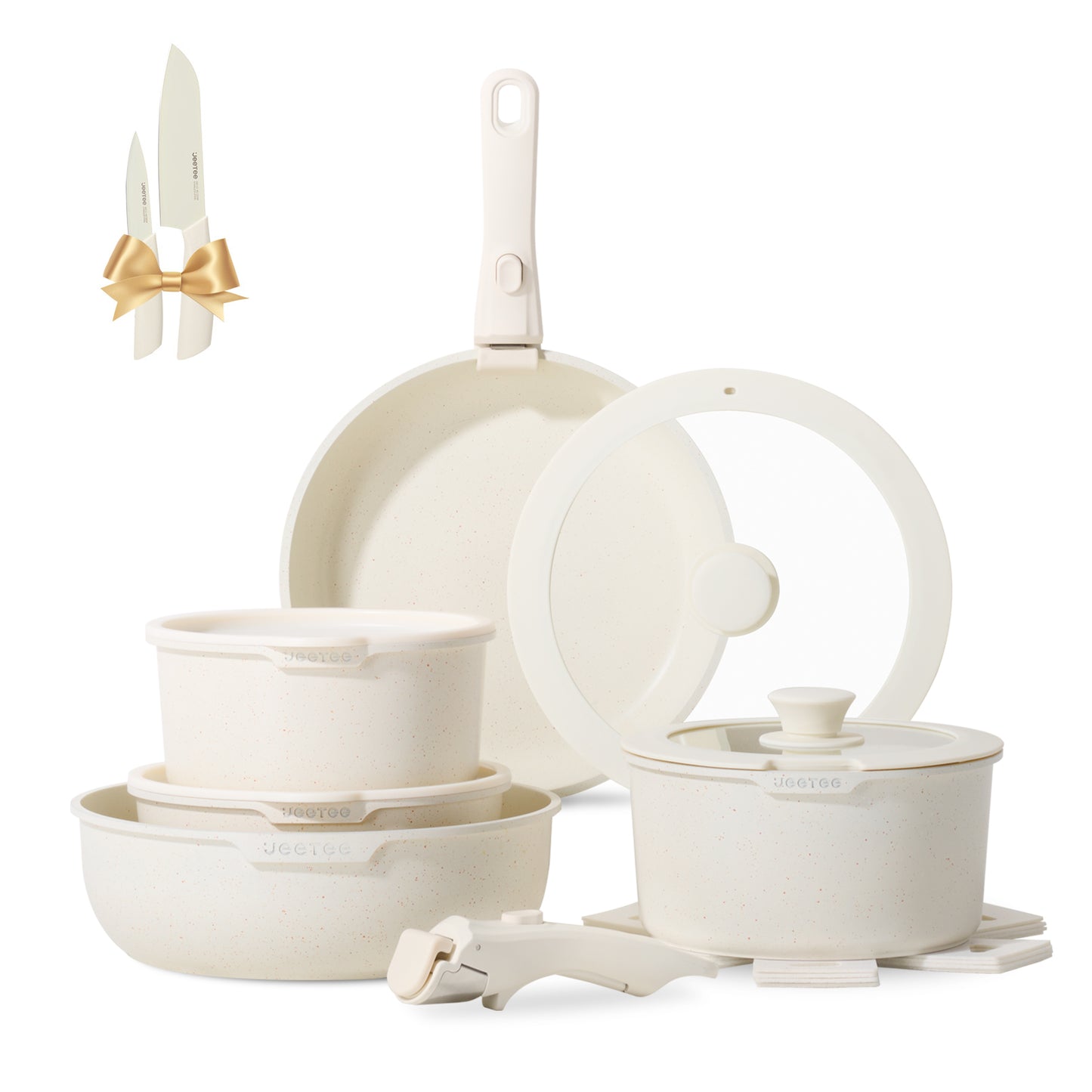 Juego de ollas y sartenes antiadherentes JEETEE de 17 piezas, set de batería de cocina con mango extraíble