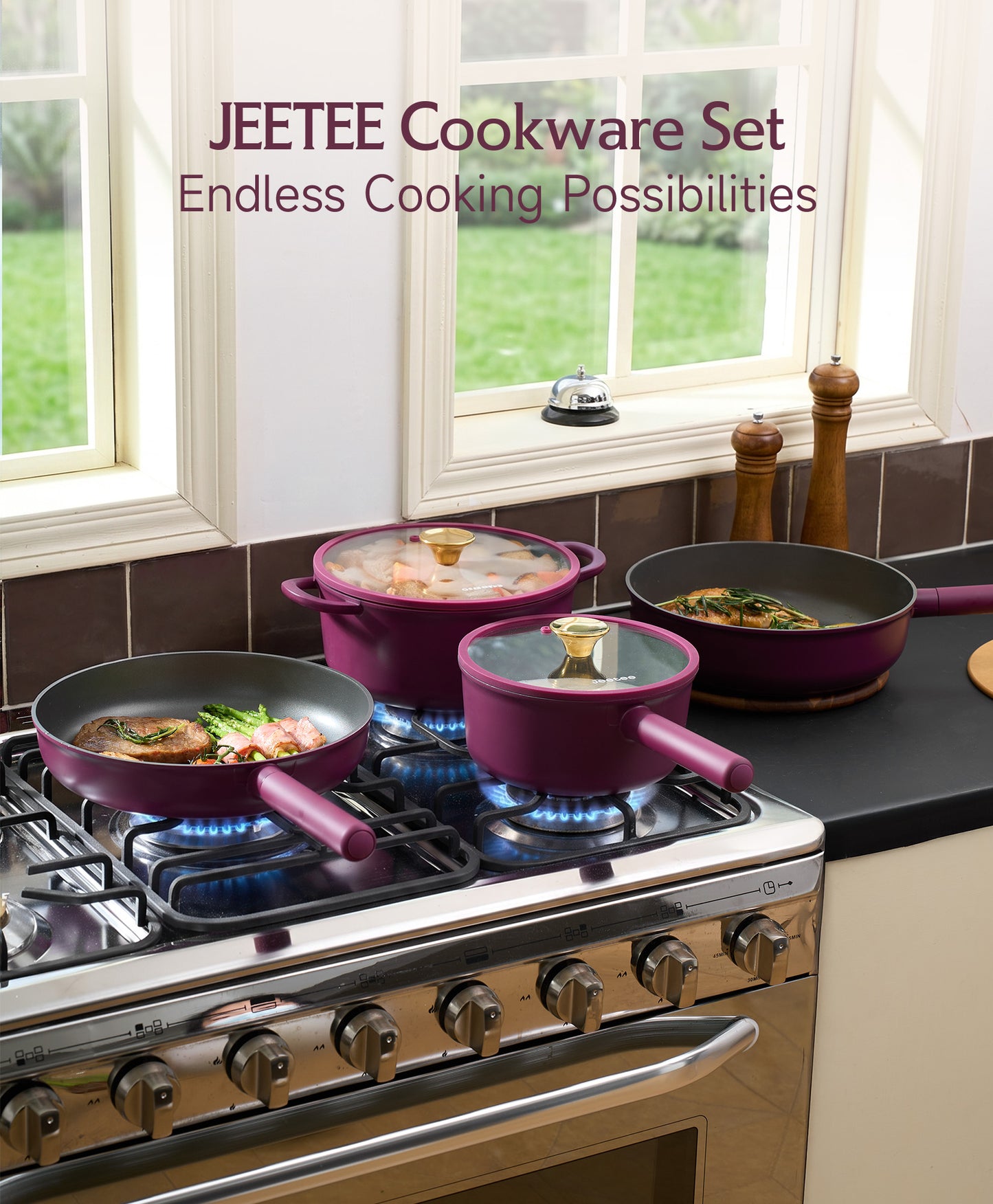 JEETEE Pots and Pans Set Non Stick, Healthy Titanium Pans for Cooking, 17Pcs Ceramic Cookware Set Non-toxic Induction Kitchen Cooking Set, Oven & Dishwasher Safe, PFOA PFOS PTFE Free