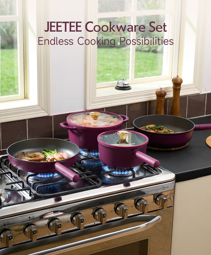 JEETEE Pots and Pans Set Non Stick, Healthy Titanium Pans for Cooking, 17Pcs Ceramic Cookware Set Non-toxic Induction Kitchen Cooking Set, Oven & Dishwasher Safe, PFOA PFOS PTFE Free