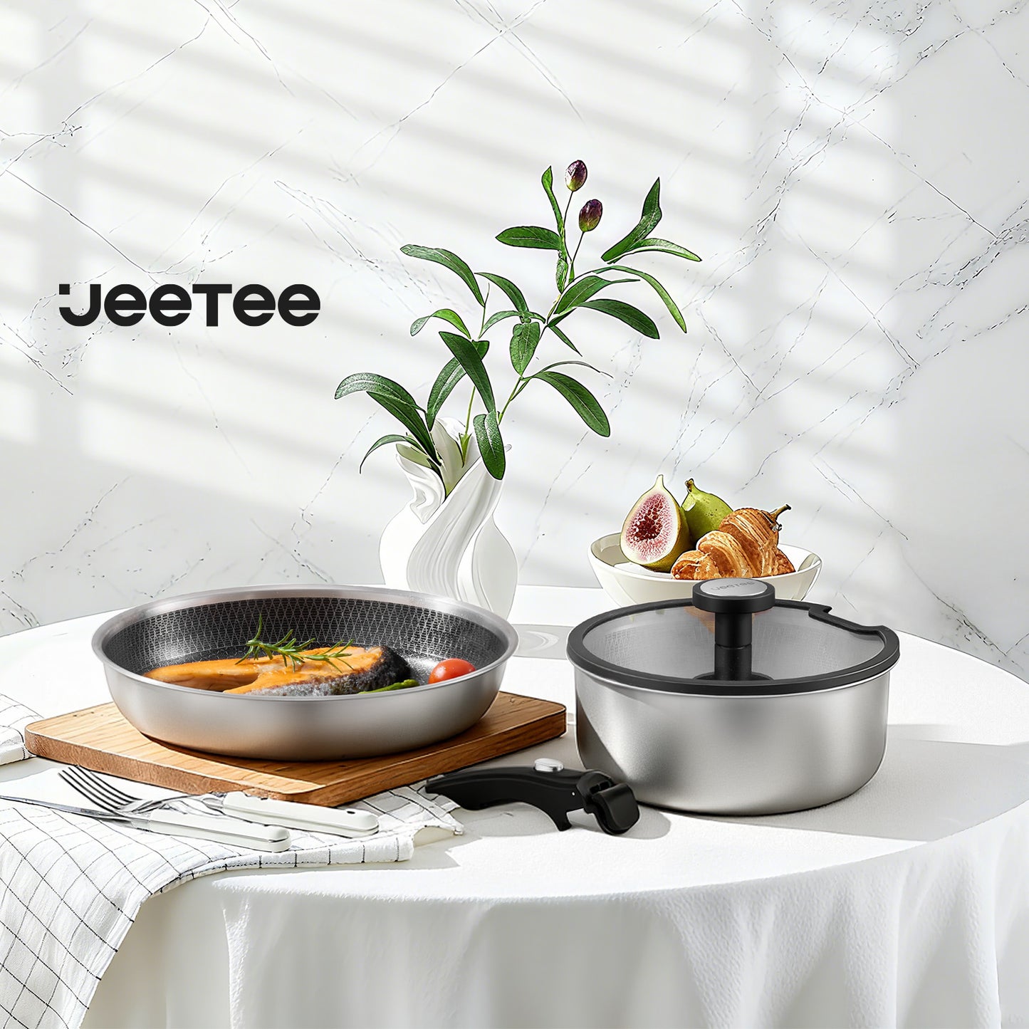 Juego de batería de cocina híbrida de acero inoxidable Jeetee de 18 piezas con mango desmontable