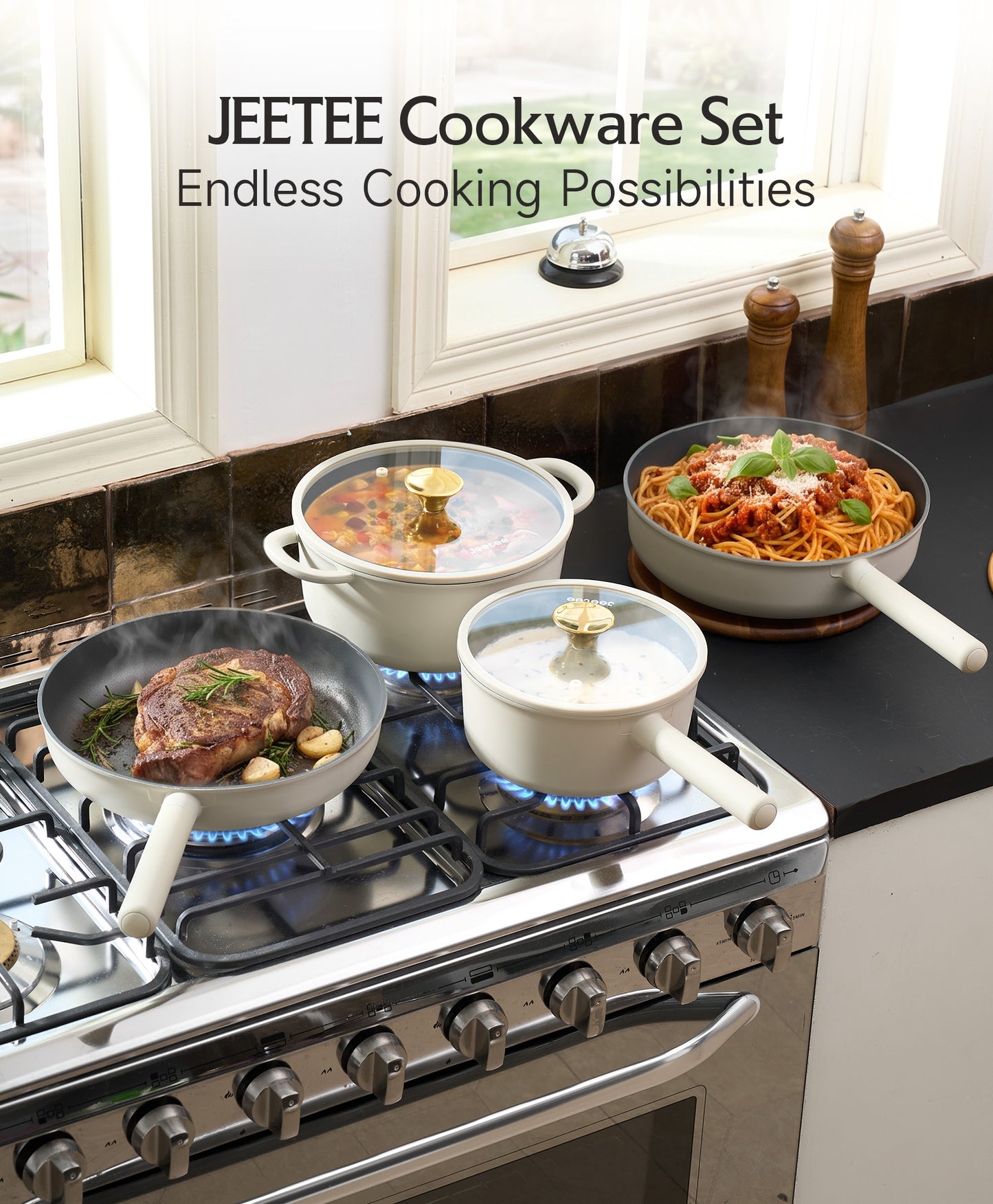 JEETEE Pots and Pans Set Non Stick, Healthy Titanium Pans for Cooking, 17Pcs Ceramic Cookware Set Non-toxic Induction Kitchen Cooking Set, Oven & Dishwasher Safe, PFOA PFOS PTFE Free