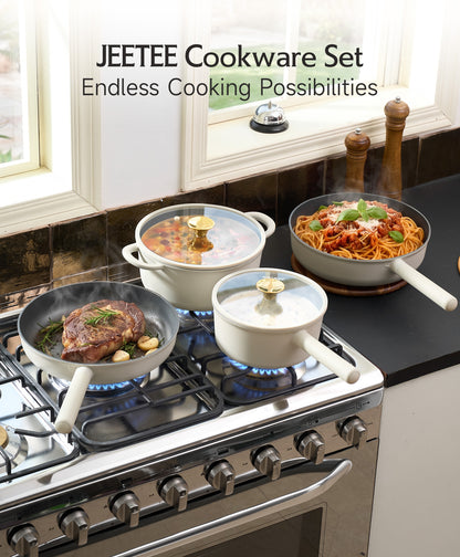 JEETEE Pots and Pans Set Non Stick, Healthy Titanium Pans for Cooking, 17Pcs Ceramic Cookware Set Non-toxic Induction Kitchen Cooking Set, Oven & Dishwasher Safe, PFOA PFOS PTFE Free