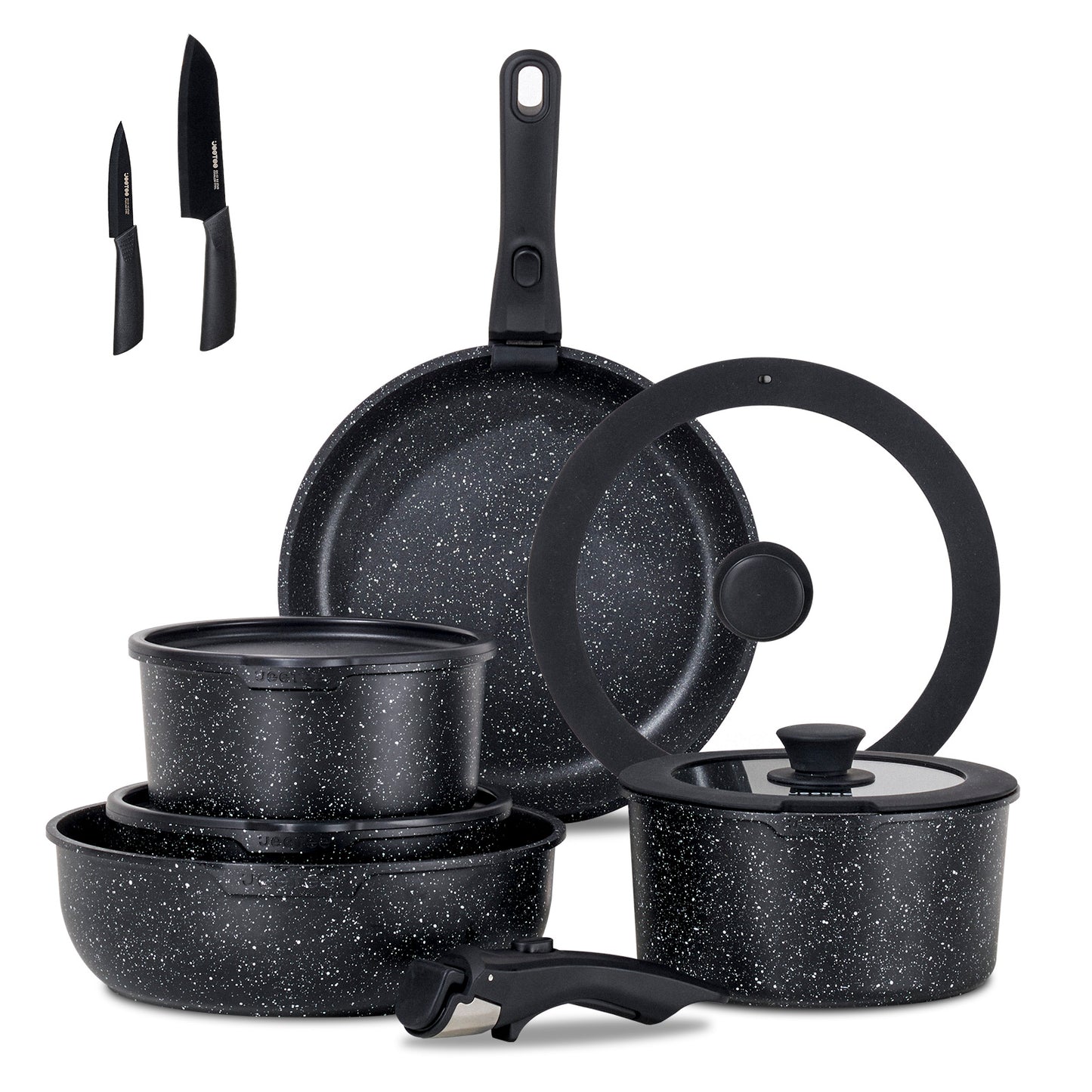 Juego de ollas y sartenes antiadherentes JEETEE de 17 piezas, set de batería de cocina con mango extraíble