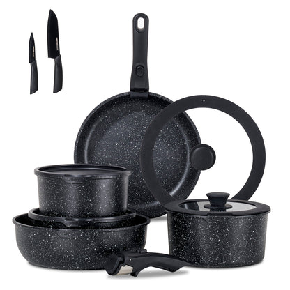 Juego de ollas y sartenes antiadherentes JEETEE de 17 piezas, set de batería de cocina con mango extraíble