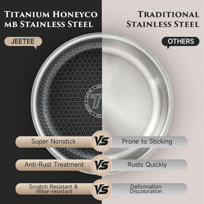 Juego de batería de cocina híbrida de acero inoxidable Jeetee de 18 piezas con mango desmontable