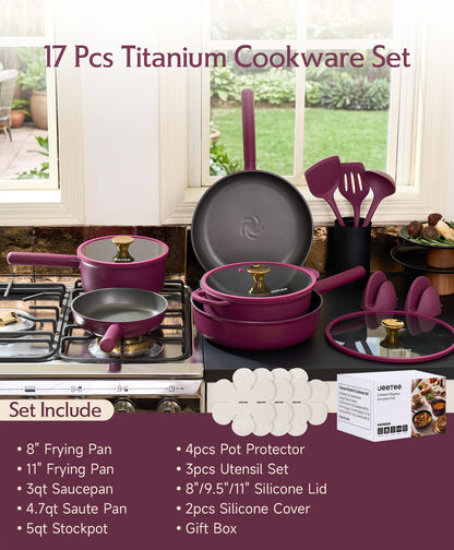 JEETEE Pots and Pans Set Non Stick, Healthy Titanium Pans for Cooking, 17Pcs Ceramic Cookware Set Non-toxic Induction Kitchen Cooking Set, Oven & Dishwasher Safe, PFOA PFOS PTFE Free