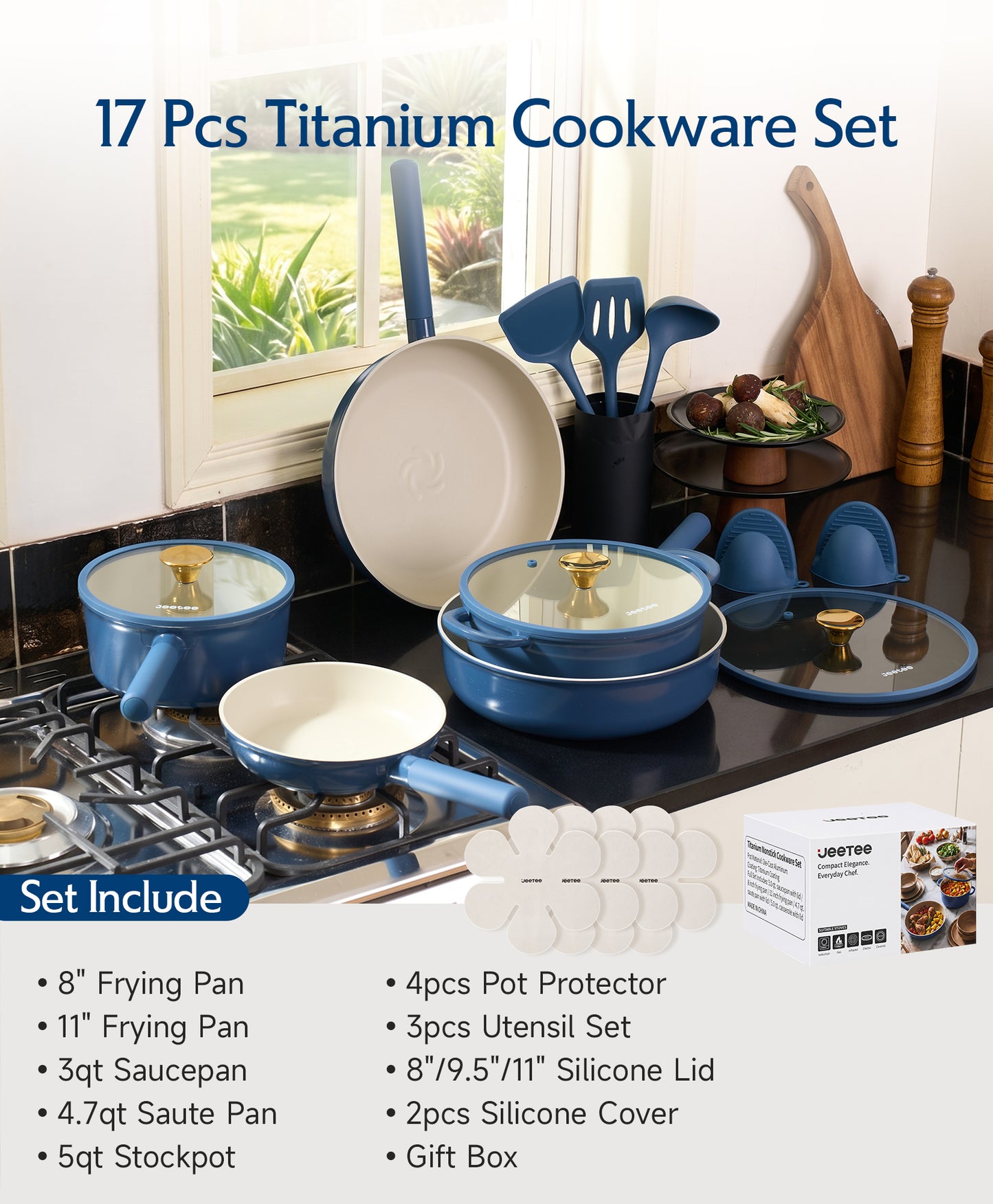 JEETEE Pots and Pans Set Non Stick, Healthy Titanium Pans for Cooking, 17Pcs Ceramic Cookware Set Non-toxic Induction Kitchen Cooking Set, Oven & Dishwasher Safe, PFOA PFOS PTFE Free