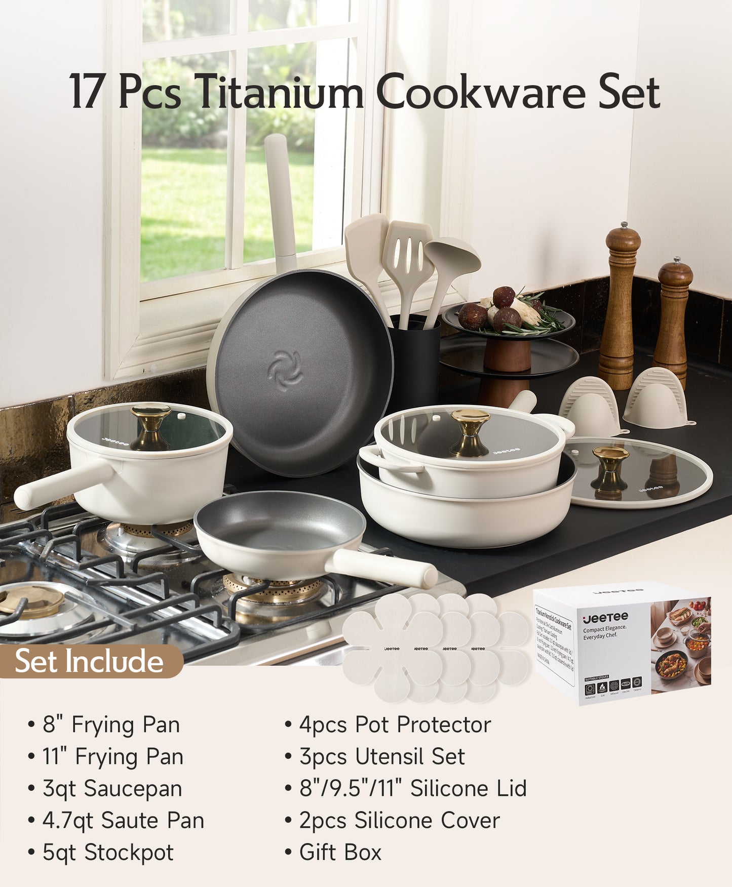 JEETEE Pots and Pans Set Non Stick, Healthy Titanium Pans for Cooking, 17Pcs Ceramic Cookware Set Non-toxic Induction Kitchen Cooking Set, Oven & Dishwasher Safe, PFOA PFOS PTFE Free