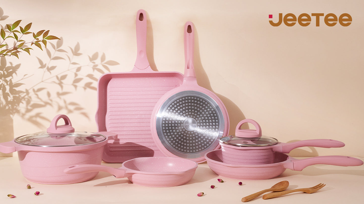 JEETEE Nonstick Granite Cookware Set – Grey/Beige/Pink