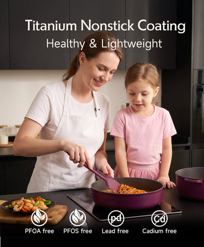 JEETEE 24 PCS Pots and Pans Set Non Stick Titanium Ceramic Cookware Set Dual Handle System Non Toxic Purple Pots and Pans Set - PFOA PFOS PTFE Free, Oven & Dishwasher Safe, All Stovetop Compatible