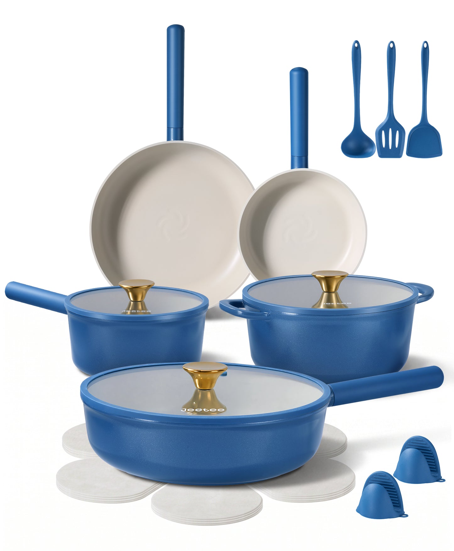 JEETEE Pots and Pans Set Non Stick, Healthy Titanium Pans for Cooking, 17Pcs Ceramic Cookware Set Non-toxic Induction Kitchen Cooking Set, Oven & Dishwasher Safe, PFOA PFOS PTFE Free