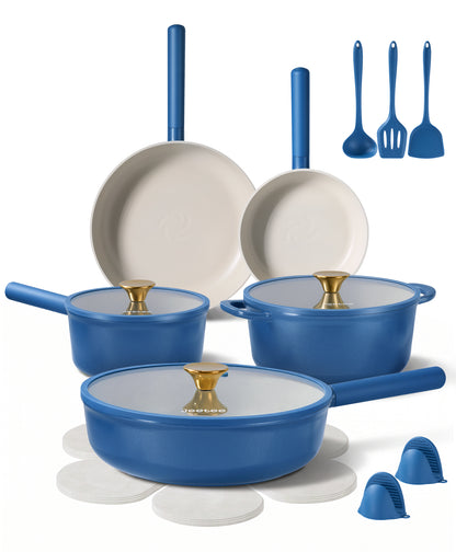 JEETEE Pots and Pans Set Non Stick, Healthy Titanium Pans for Cooking, 17Pcs Ceramic Cookware Set Non-toxic Induction Kitchen Cooking Set, Oven & Dishwasher Safe, PFOA PFOS PTFE Free
