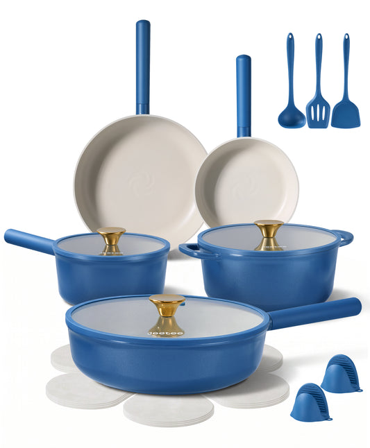 JEETEE Pots and Pans Set Non Stick, Healthy Titanium Pans for Cooking, 17Pcs Ceramic Cookware Set Non-toxic Induction Kitchen Cooking Set, Oven & Dishwasher Safe, PFOA PFOS PTFE Free