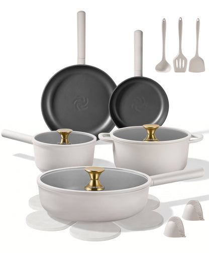 JEETEE Pots and Pans Set Non Stick, Healthy Titanium Pans for Cooking, 17Pcs Ceramic Cookware Set Non-toxic Induction Kitchen Cooking Set, Oven & Dishwasher Safe, PFOA PFOS PTFE Free