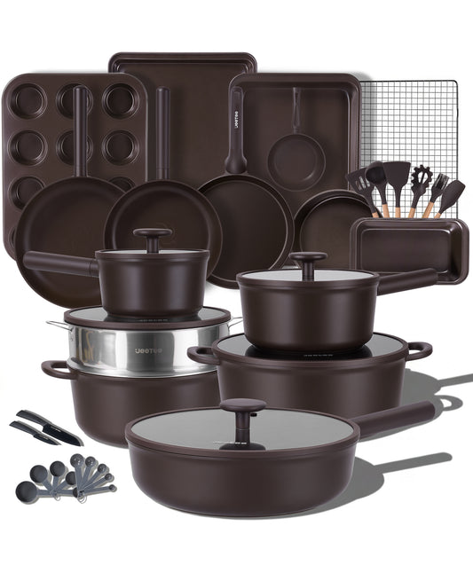 JEETEE 50-Piece Titanium Pots and Pans Set Non Stick, Cookware Set with 6pc Bakeware, Ultimate Pot and Pan Set for Cooking With Lid, Induction & Oven & Dishwasher Safe, PFAS Free