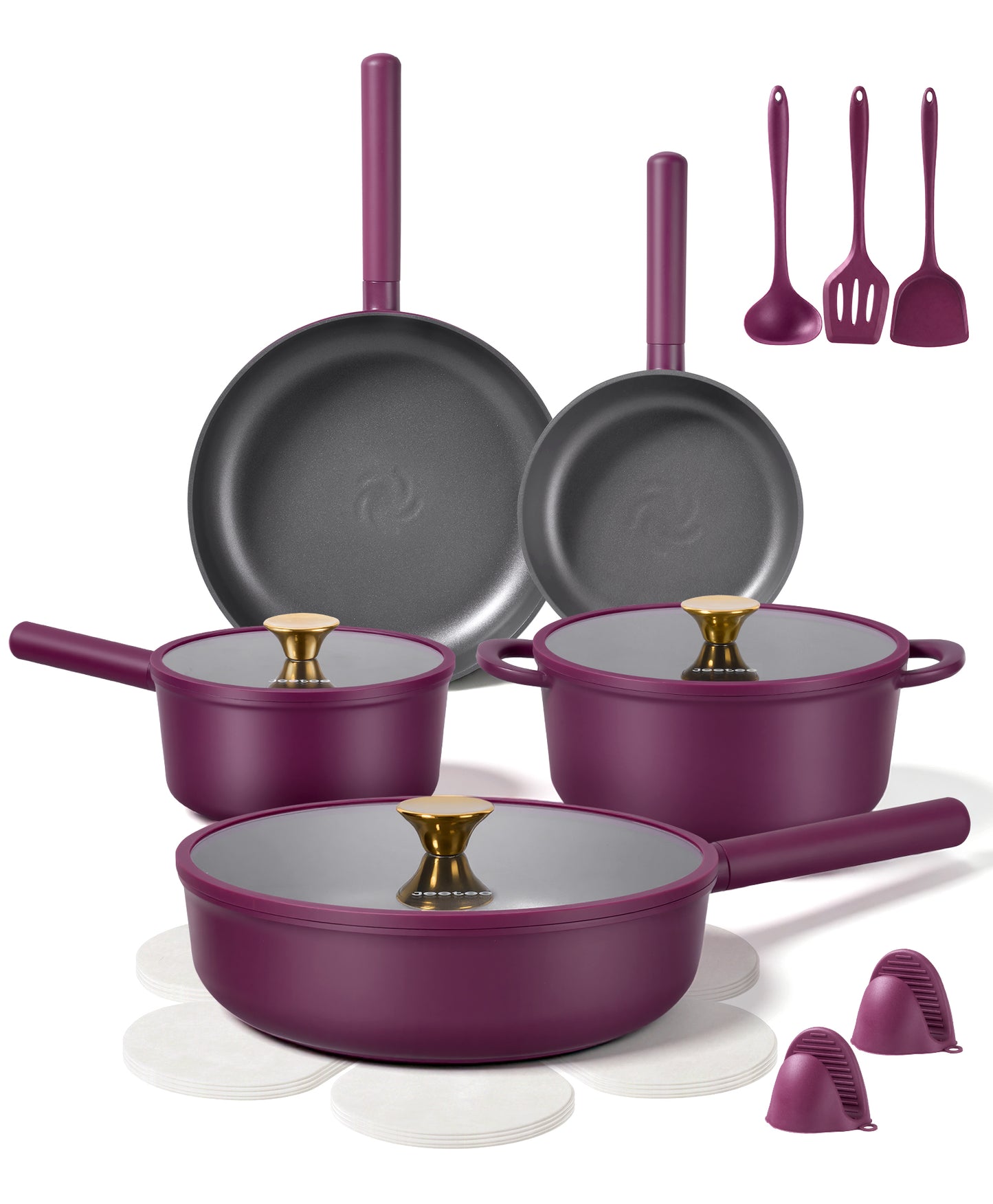 JEETEE Pots and Pans Set Non Stick, Healthy Titanium Pans for Cooking, 17Pcs Ceramic Cookware Set Non-toxic Induction Kitchen Cooking Set, Oven & Dishwasher Safe, PFOA PFOS PTFE Free