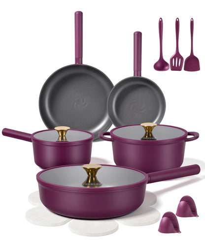 JEETEE Pots and Pans Set Non Stick, Healthy Titanium Pans for Cooking, 17Pcs Ceramic Cookware Set Non-toxic Induction Kitchen Cooking Set, Oven & Dishwasher Safe, PFOA PFOS PTFE Free