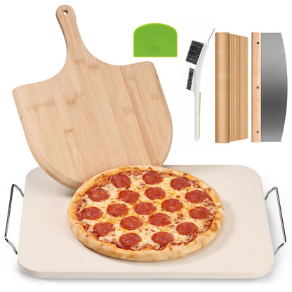 JEETEE Cordierite Pizza Stone Set, 15x12 Inch Baking Stone for Oven & Grill