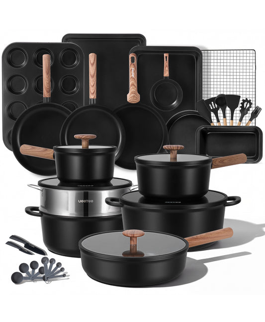 JEETEE 50-Piece Titanium Pots and Pans Set Non Stick, Cookware Set with 6pc Bakeware, Ultimate Pot and Pan Set for Cooking With Lid, Induction & Oven & Dishwasher Safe, PFAS Free