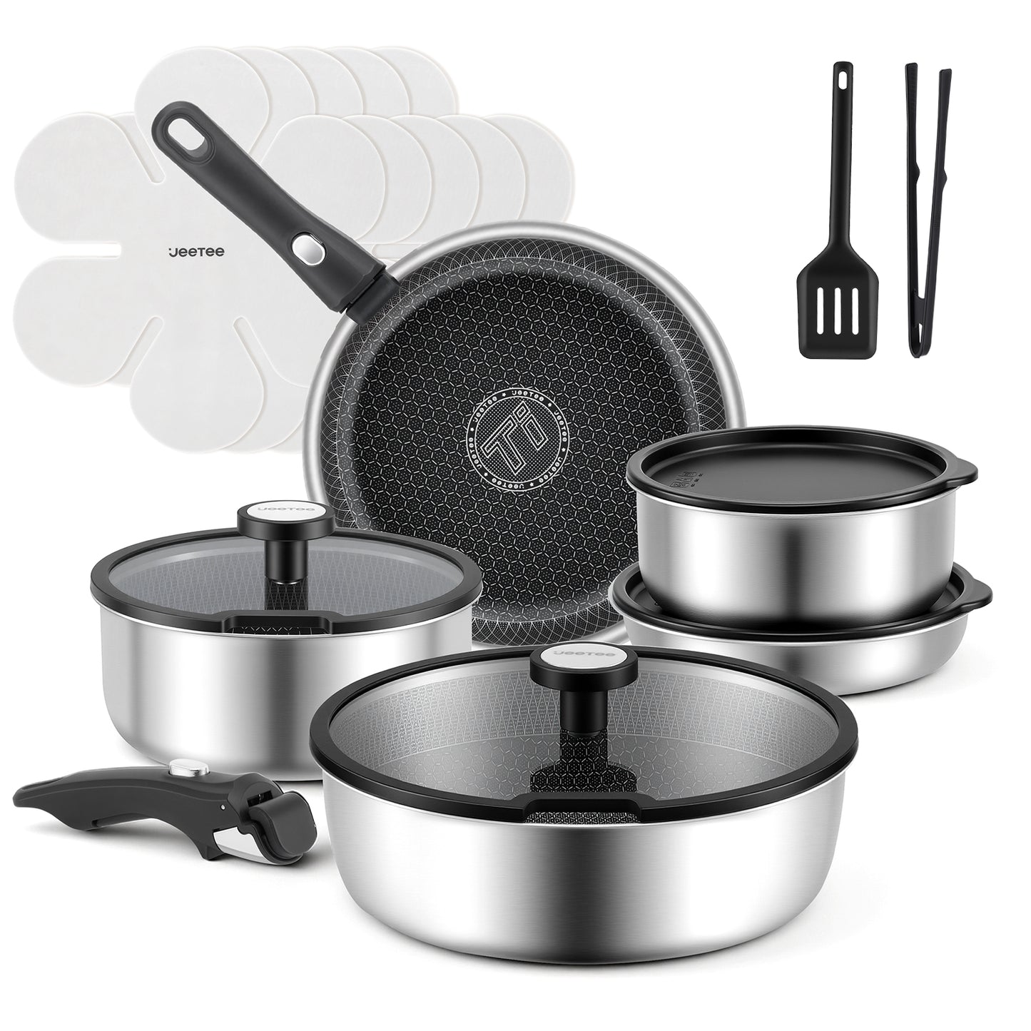 Juego de batería de cocina híbrida de acero inoxidable Jeetee de 18 piezas con mango desmontable