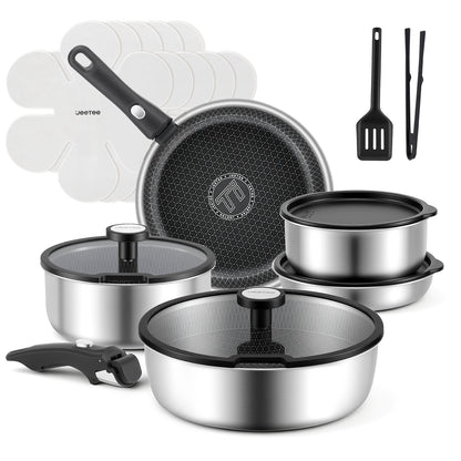 Juego de batería de cocina híbrida de acero inoxidable Jeetee de 18 piezas con mango desmontable