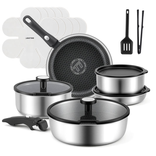 Juego de batería de cocina híbrida de acero inoxidable Jeetee de 18 piezas con mango desmontable