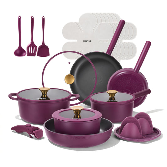 JEETEE 24 PCS Pots and Pans Set Non Stick Titanium Ceramic Cookware Set Dual Handle System Non Toxic Purple Pots and Pans Set - PFOA PFOS PTFE Free, Oven & Dishwasher Safe, All Stovetop Compatible