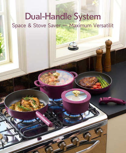 JEETEE 24 PCS Pots and Pans Set Non Stick Titanium Ceramic Cookware Set Dual Handle System Non Toxic Purple Pots and Pans Set - PFOA PFOS PTFE Free, Oven & Dishwasher Safe, All Stovetop Compatible