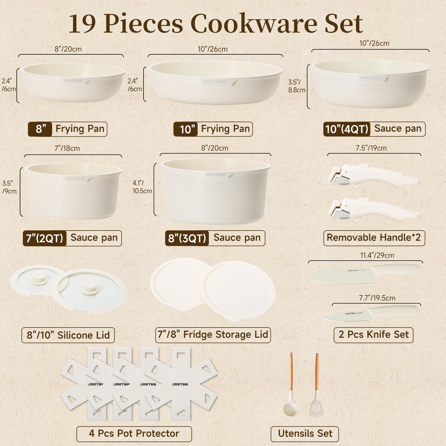 Juego de ollas y sartenes antiadherentes JEETEE de 17 piezas, set de batería de cocina con mango extraíble