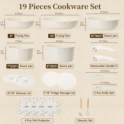 Juego de ollas y sartenes antiadherentes JEETEE de 17 piezas, set de batería de cocina con mango extraíble
