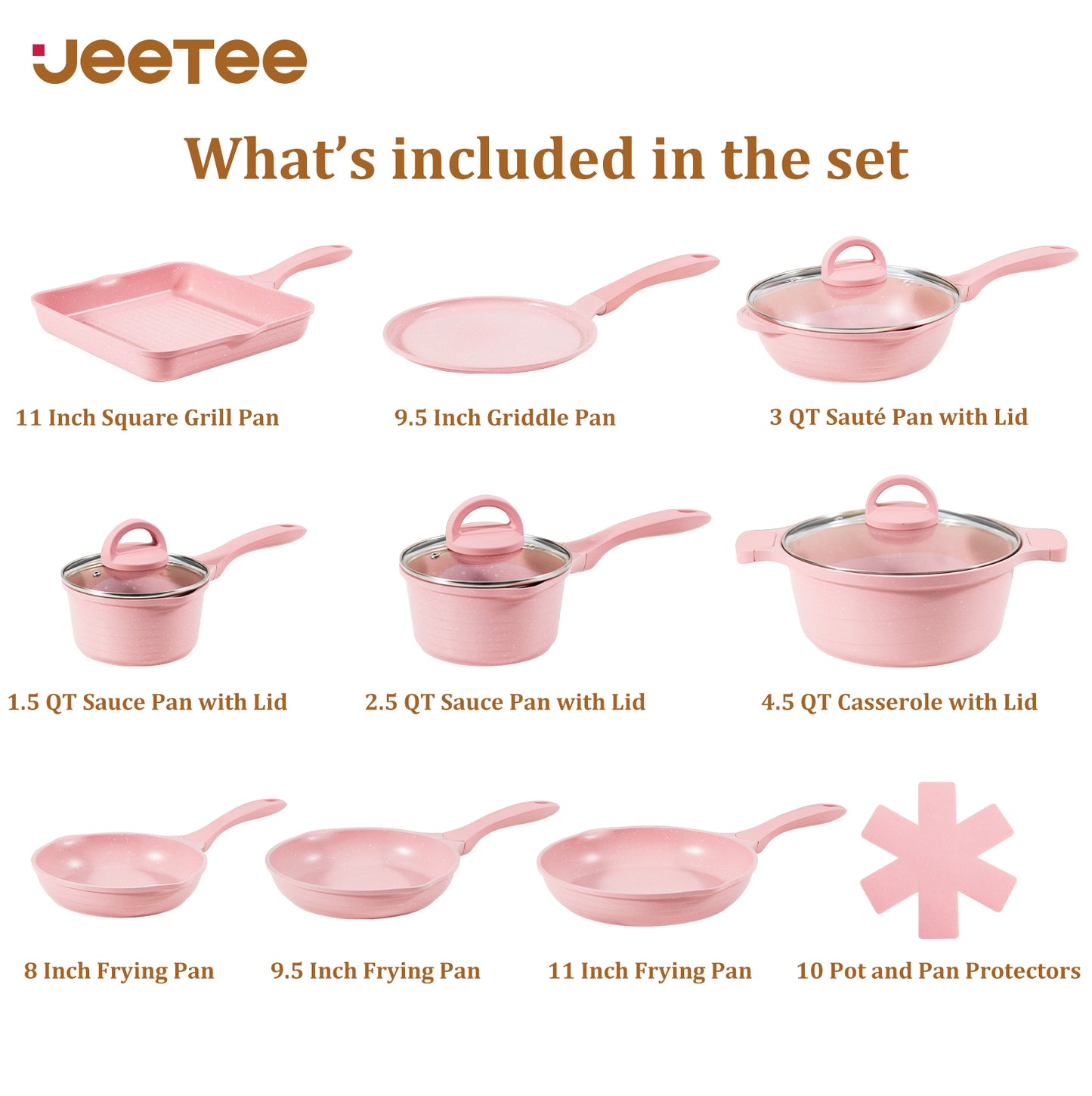 JEETEE Nonstick Granite Cookware Set – Grey/Beige/Pink