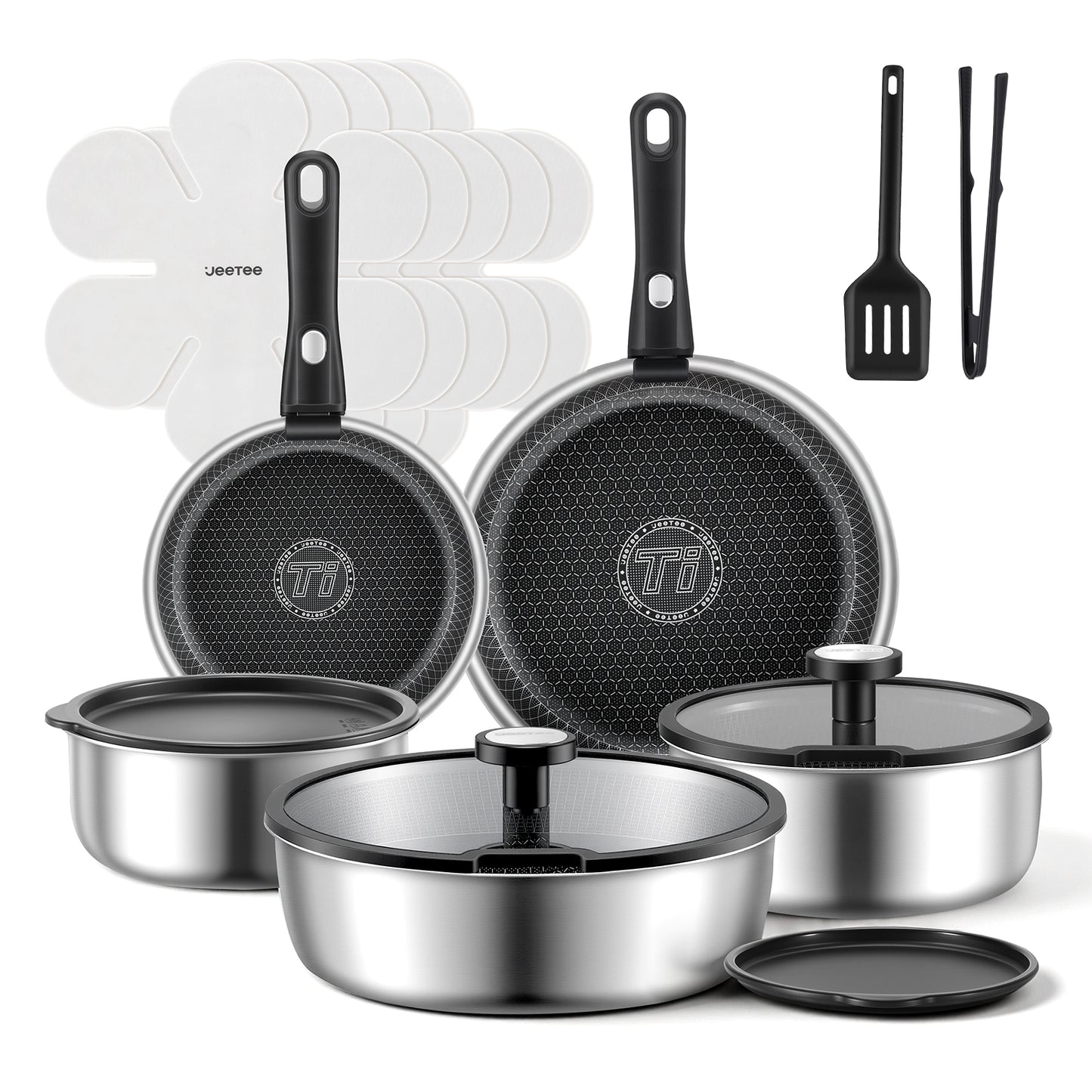 Juego de batería de cocina híbrida de acero inoxidable Jeetee de 18 piezas con mango desmontable
