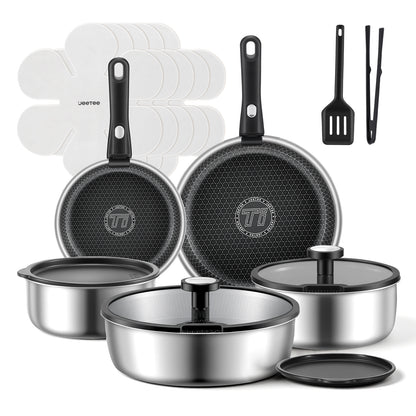Juego de batería de cocina híbrida de acero inoxidable Jeetee de 18 piezas con mango desmontable