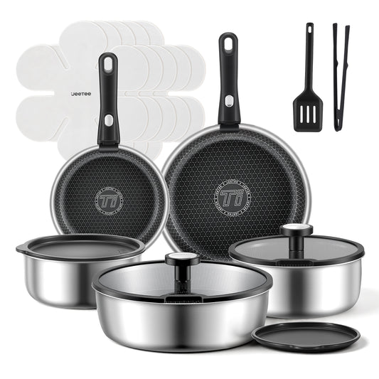 Juego de batería de cocina híbrida de acero inoxidable Jeetee de 18 piezas con mango desmontable