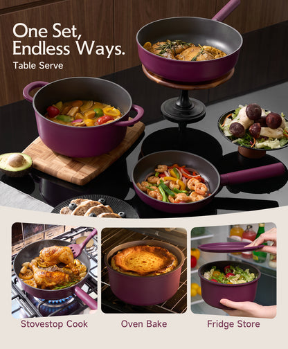 JEETEE 24 PCS Pots and Pans Set Non Stick Titanium Ceramic Cookware Set Dual Handle System Non Toxic Purple Pots and Pans Set - PFOA PFOS PTFE Free, Oven & Dishwasher Safe, All Stovetop Compatible