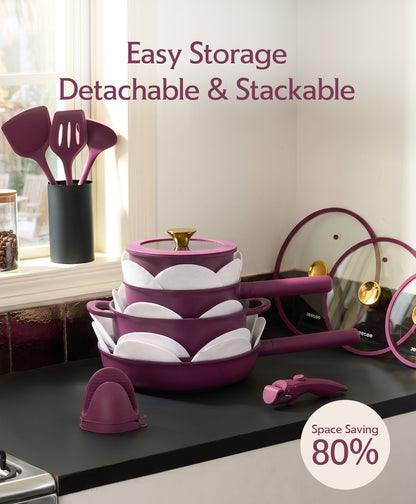 JEETEE 24 PCS Pots and Pans Set Non Stick Titanium Ceramic Cookware Set Dual Handle System Non Toxic Purple Pots and Pans Set - PFOA PFOS PTFE Free, Oven & Dishwasher Safe, All Stovetop Compatible