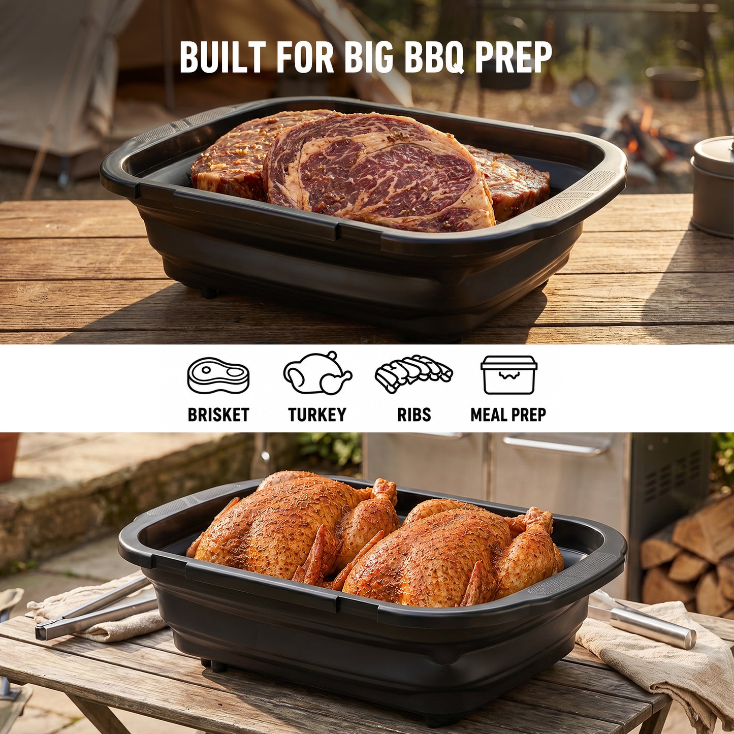 JEETEE Cubeta plegable para barbacoa con tapa, capacidad extragrande 3 en 1 | Tabla de cortar de titanio integrada, para marinar, asar a la parrilla, acampar y almacenar alimentos