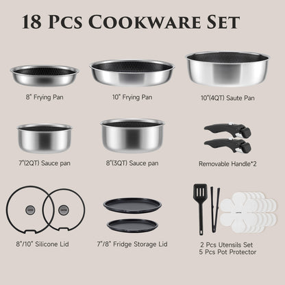 Juego de batería de cocina híbrida de acero inoxidable Jeetee de 18 piezas con mango desmontable