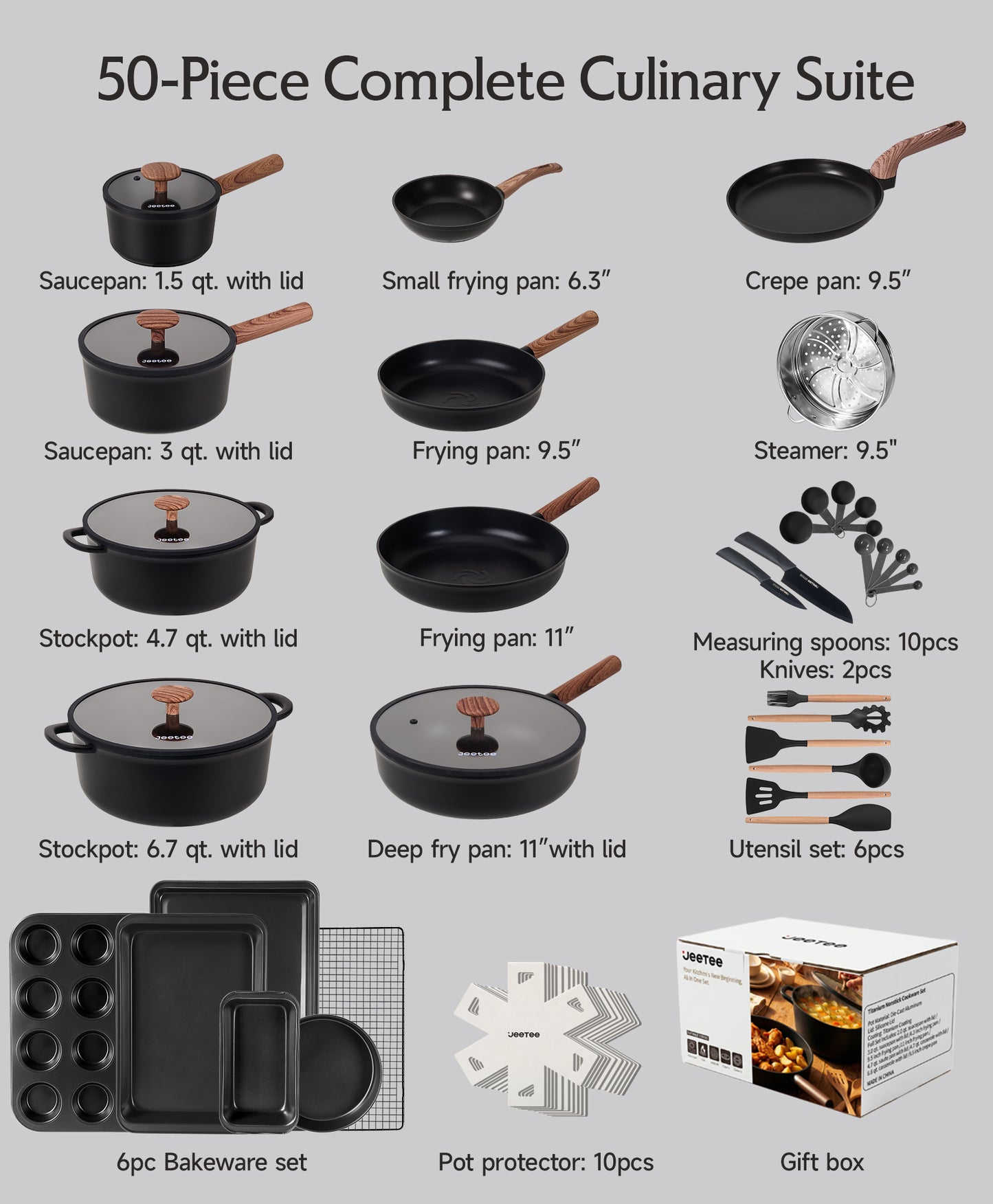 JEETEE 50-Piece Titanium Cookware Set with Bakeware | Induction & Oven Safe, PFAS Free