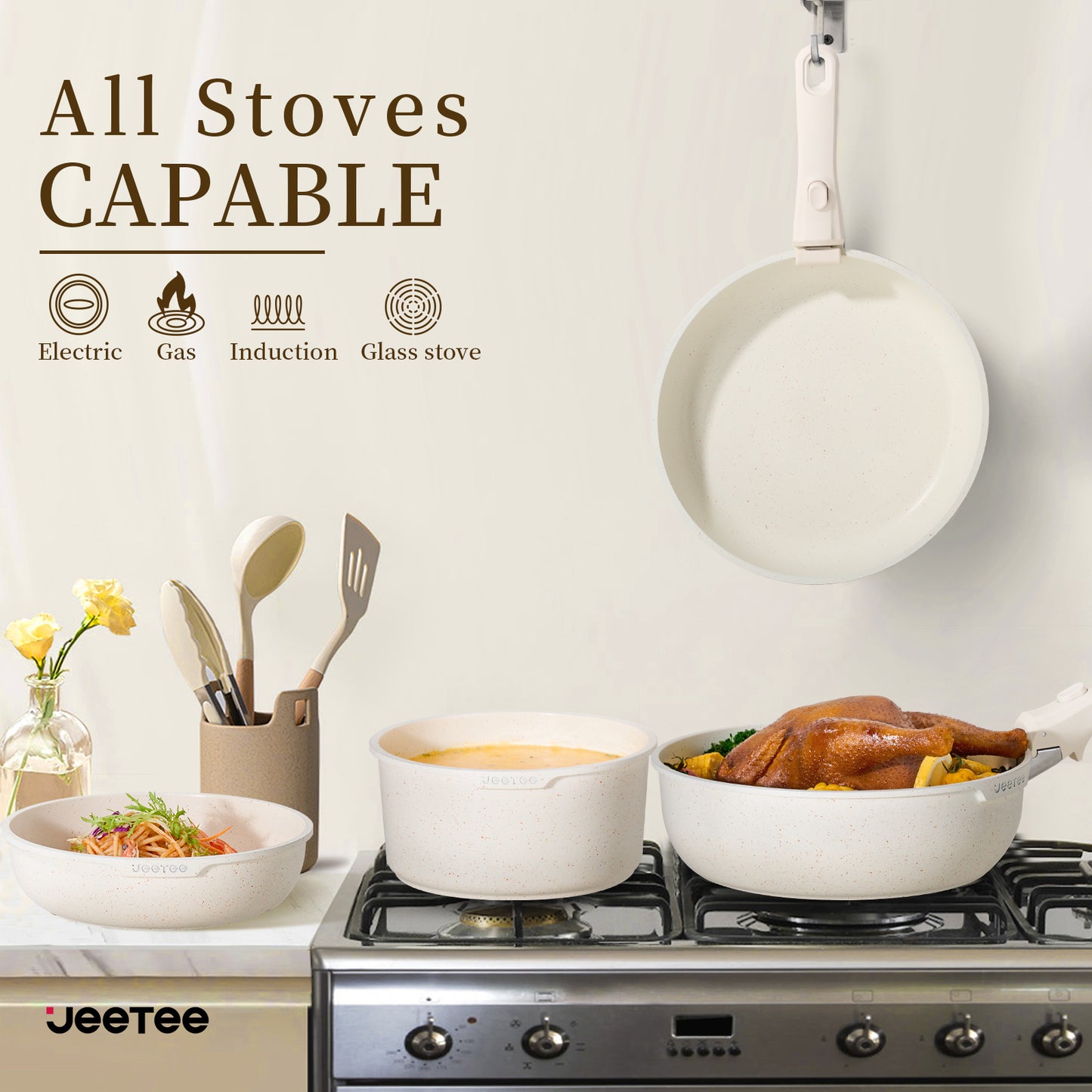 Juego de ollas y sartenes antiadherentes JEETEE de 17 piezas, set de batería de cocina con mango extraíble