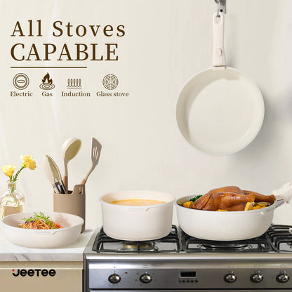 Juego de ollas y sartenes antiadherentes JEETEE de 17 piezas, set de batería de cocina con mango extraíble