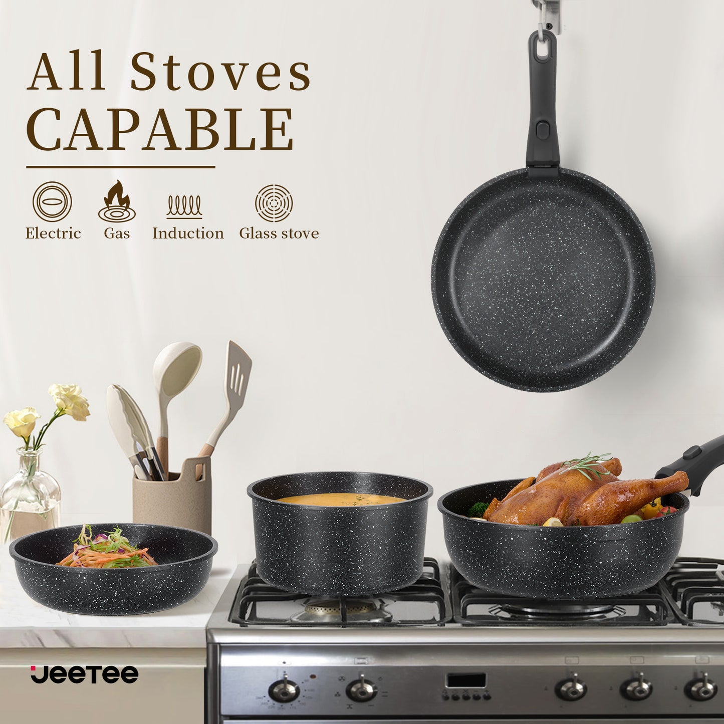 Juego de ollas y sartenes antiadherentes JEETEE de 17 piezas, set de batería de cocina con mango extraíble