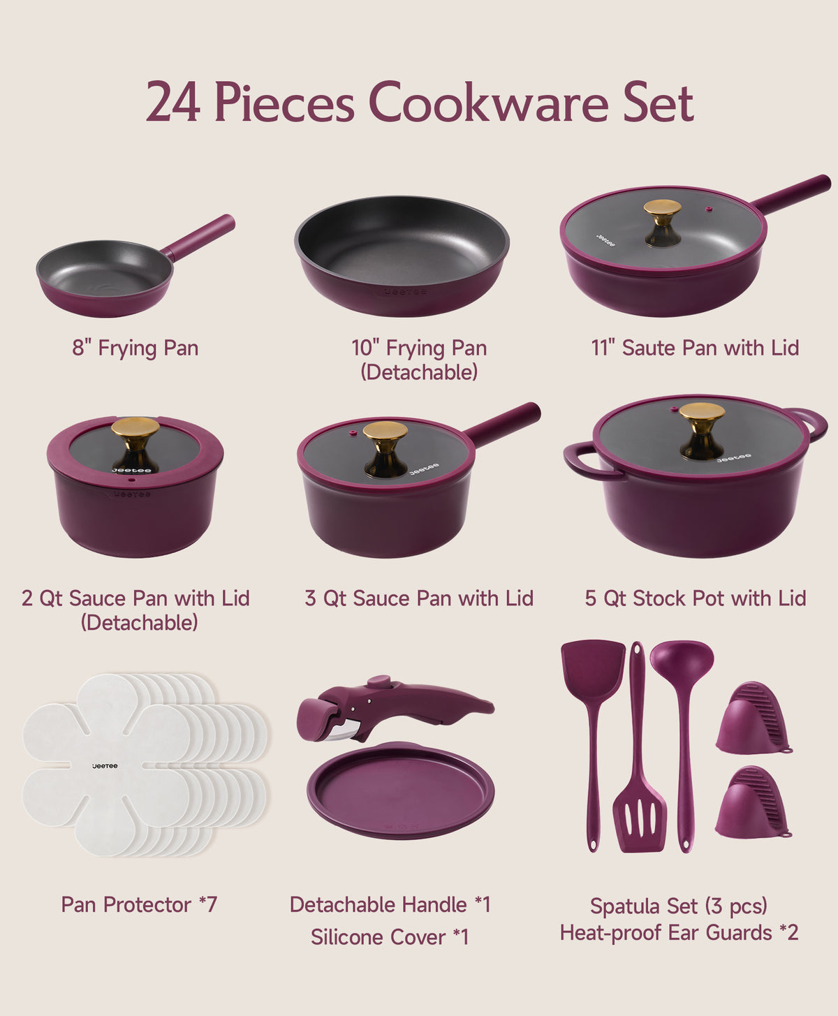 JEETEE 24 PCS Pots and Pans Set Non Stick Titanium Ceramic Cookware Set Dual Handle System Non Toxic Purple Pots and Pans Set - PFOA PFOS PTFE Free, Oven & Dishwasher Safe, All Stovetop Compatible