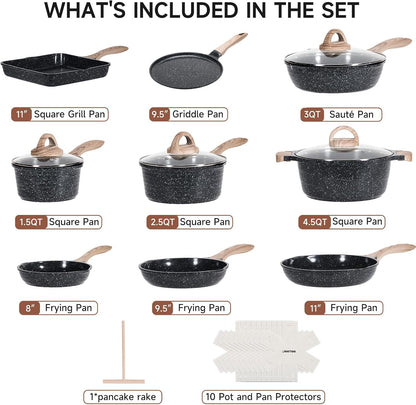 JEETEE Nonstick Granite Cookware Set – Grey/Beige/Pink